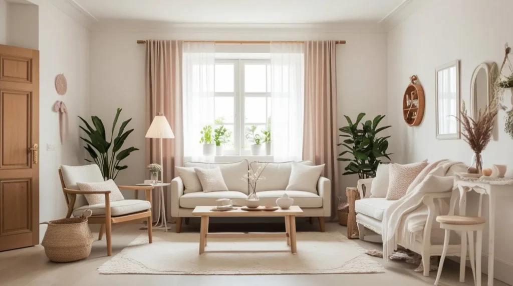 Light neutral color palette in a modern small living room for a spacious look