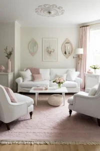 Light textiles like rugs and cushions enhancing a small living room’s airy feel