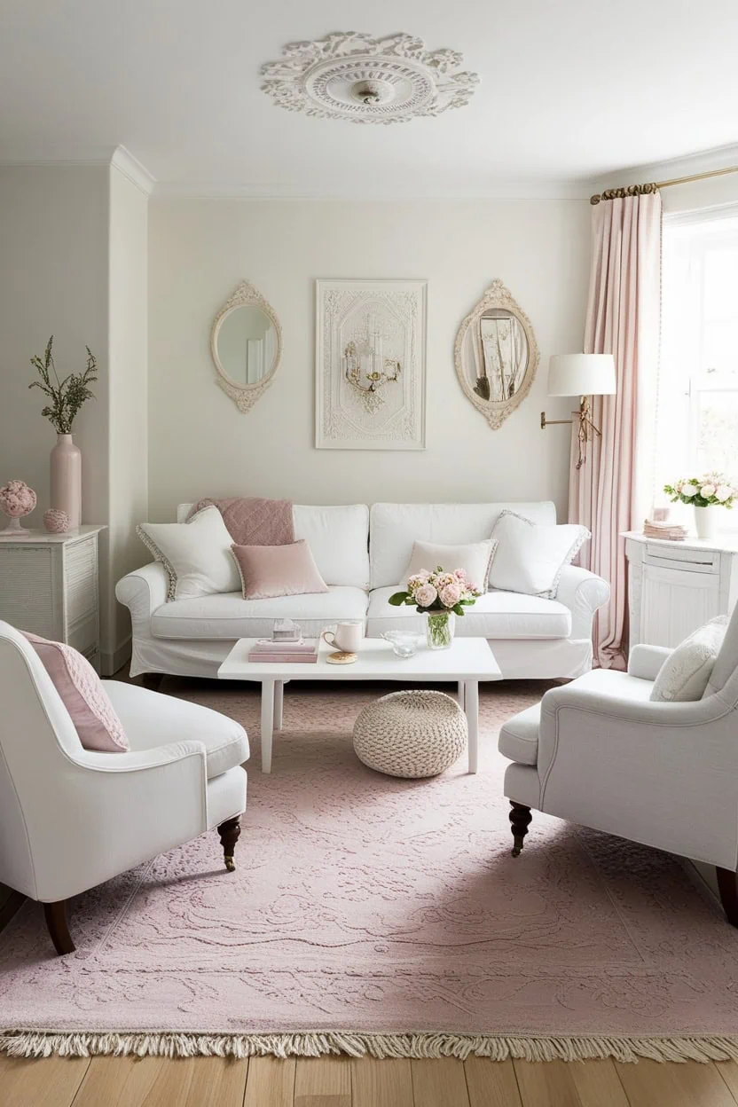 Light textiles like rugs and cushions enhancing a small living room’s airy feel