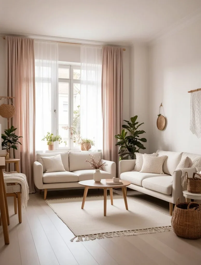 Minimalist modern small living room with simple furniture and clean lines