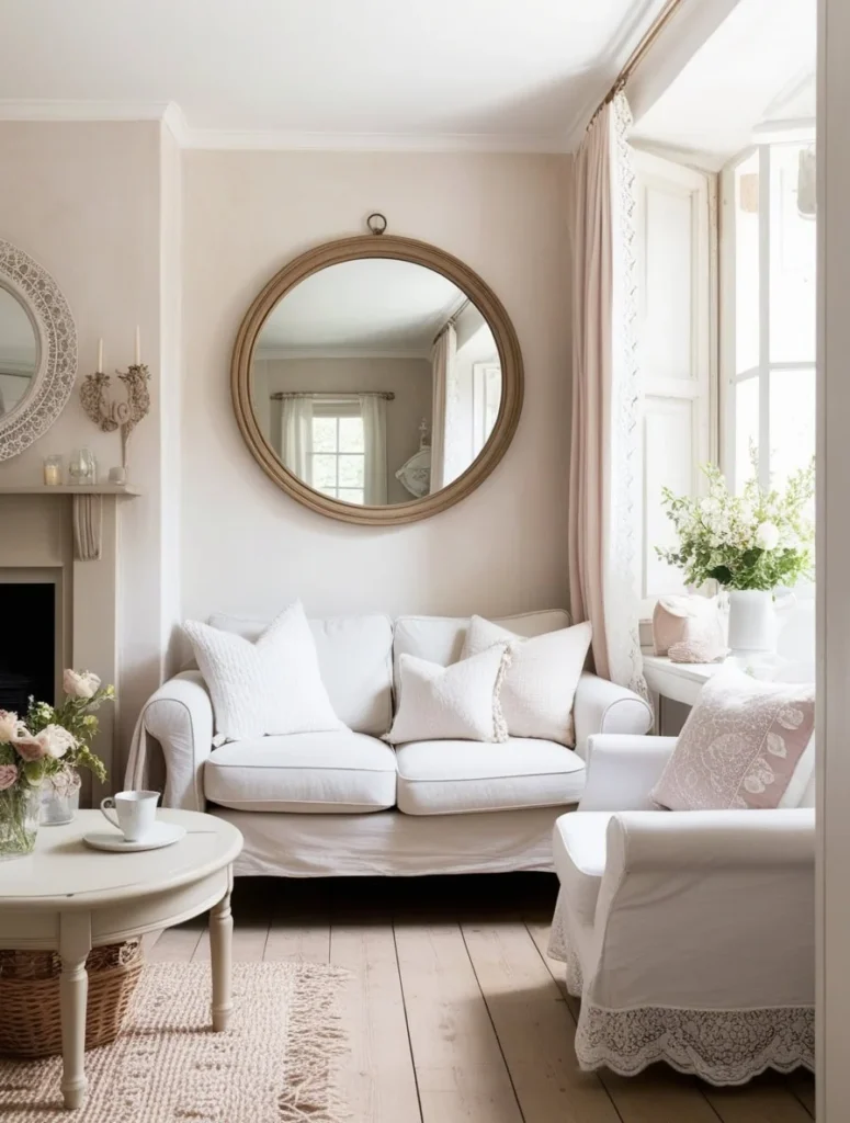 Mirror wall decor reflecting light in a small living room