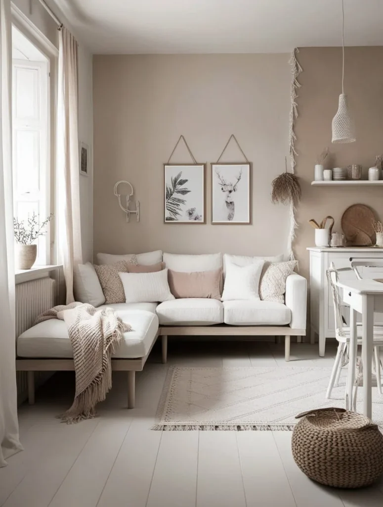 Small living room with neutral patterned rug and minimalist decor