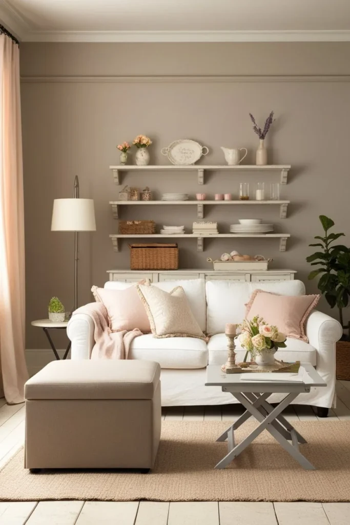 small living room layout with storage ottoman and sofa