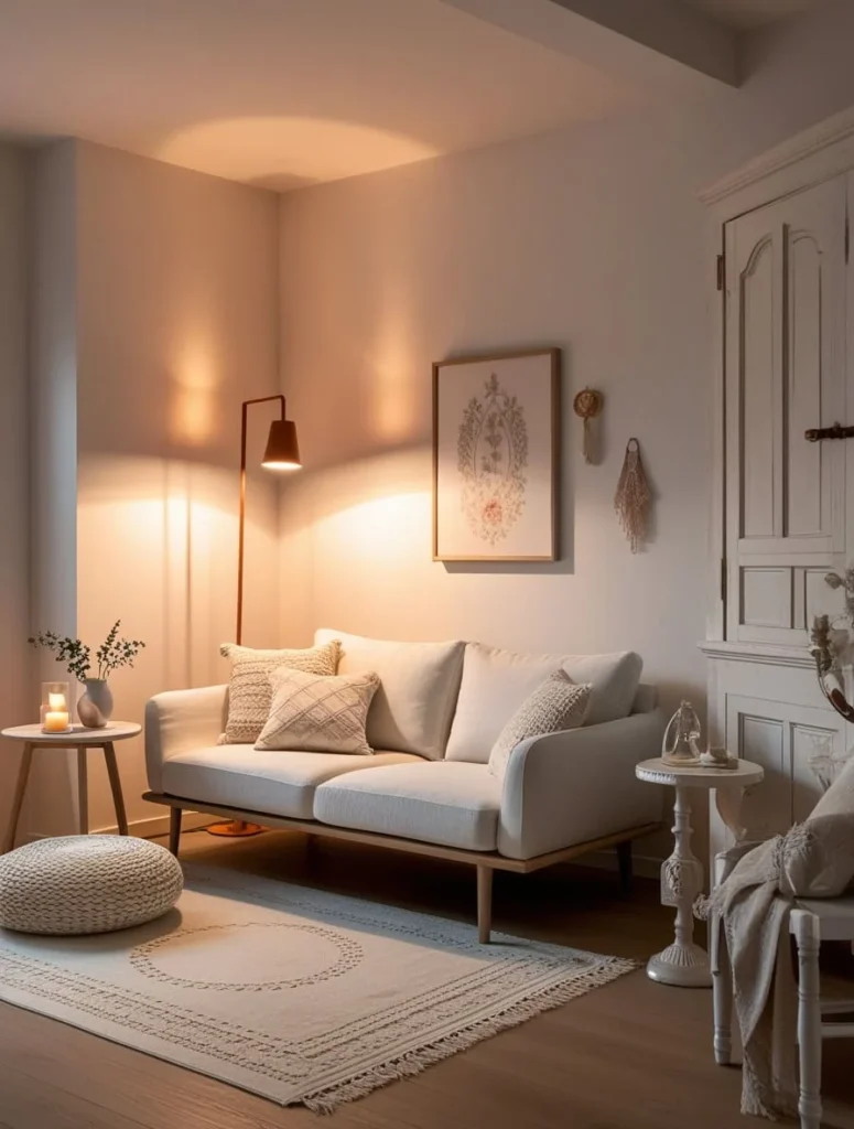 Modern lighting setup in a small living room using floor lamps and soft ambient light
