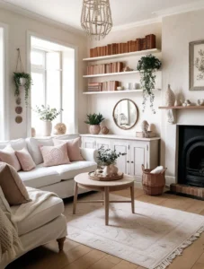 Open wall shelving with decor in a small living room