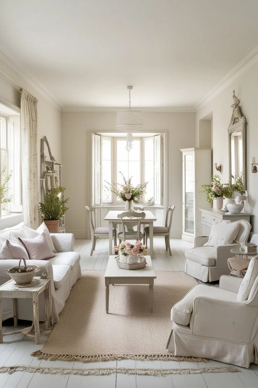 Open-concept living area with minimal furniture and soft tones