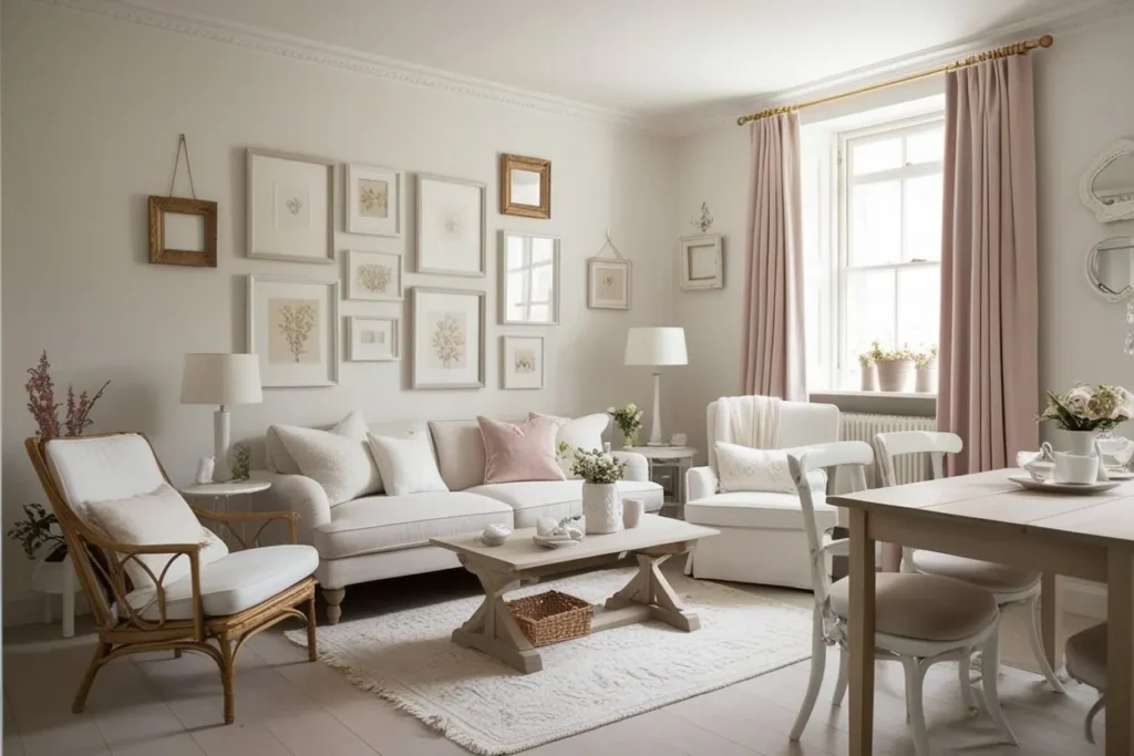 Curated picture wall adding personality to a small living room