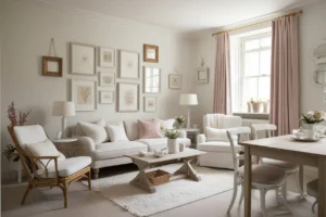 Curated picture wall adding personality to a small living room