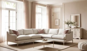 Sectional sofa layout defining zones in a small open-plan living area