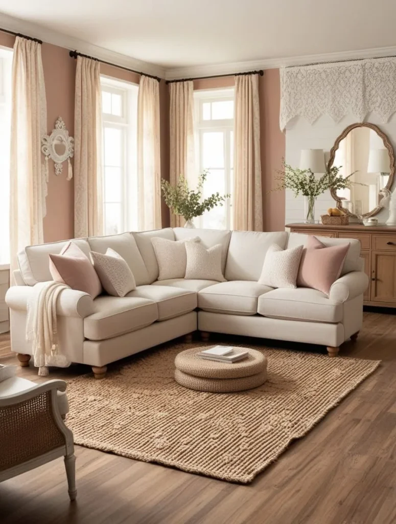 L-shaped sectional sofa arrangement in a compact living room