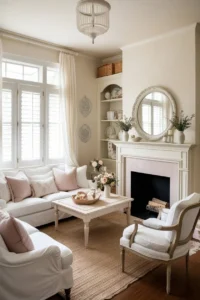 Contemporary small living room layout with fireplace, neutral tones, sleek furniture, and subtle textures.