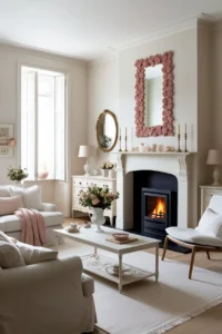 Small living room with corner fireplace and angled seating for natural flow and space efficiency.