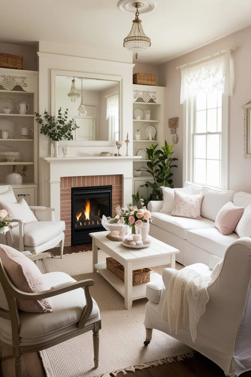 Small living room layout with fireplace in country style, light wood furniture, and neutral soft furnishings.