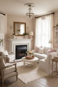 Small living room arranged around a fireplace as the main focal point with balanced seating.