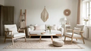 Small living room layout with floating sofa and open floor space