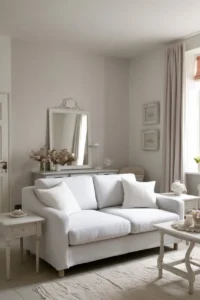 Furniture placed away from walls to create an open small living room layout