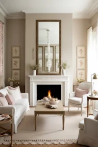 Compact living room with high-impact fireplace, tall mirror above mantel, and slim furniture for balance.