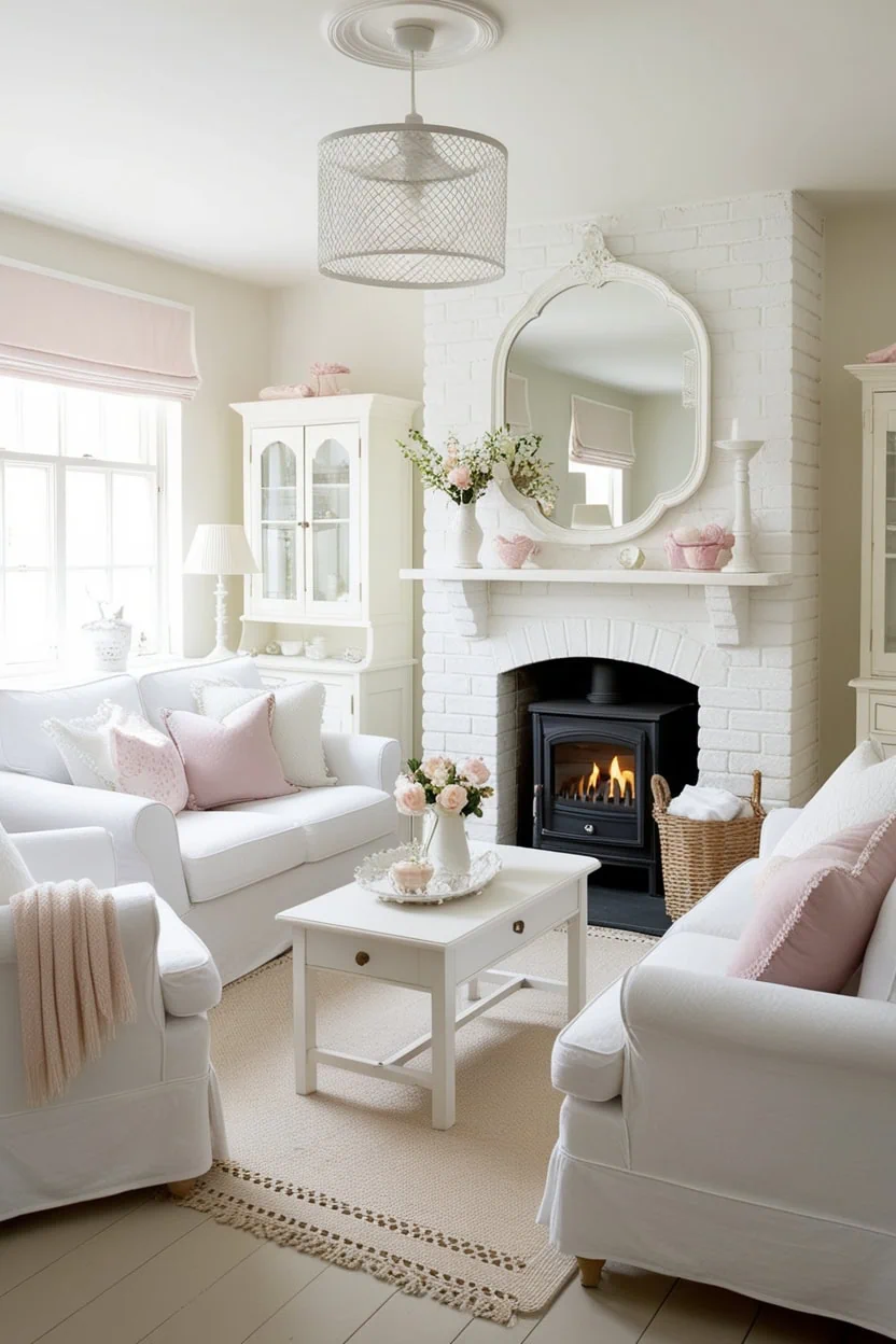 Minimal small living room layout with fireplace, essential furniture, and open walkways for a spacious feel.