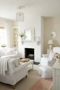 Small modern cabin-style living room with fireplace, wood accents, and simple furniture layout.