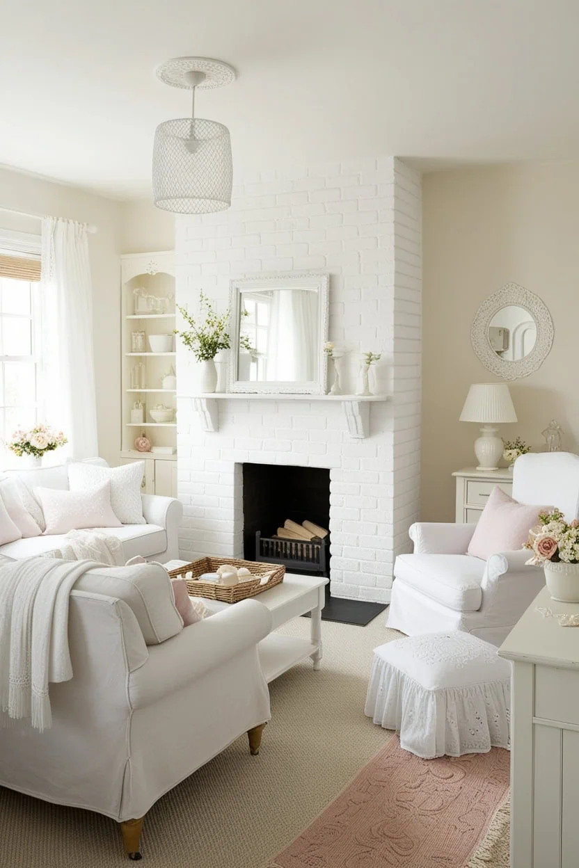 Small modern cabin-style living room with fireplace, wood accents, and simple furniture layout.