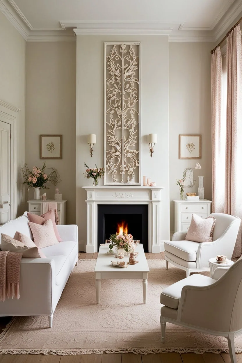 Small living room with fireplace and natural materials like linen, jute, and wood for a warm, inviting feel.