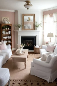 Modern small living room with an off-center fireplace, stylish shelves, and a floor lamp for balance.