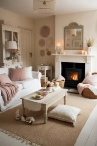 Small living room layout with fireplace accented by bold cushions and artwork for a lively touch.