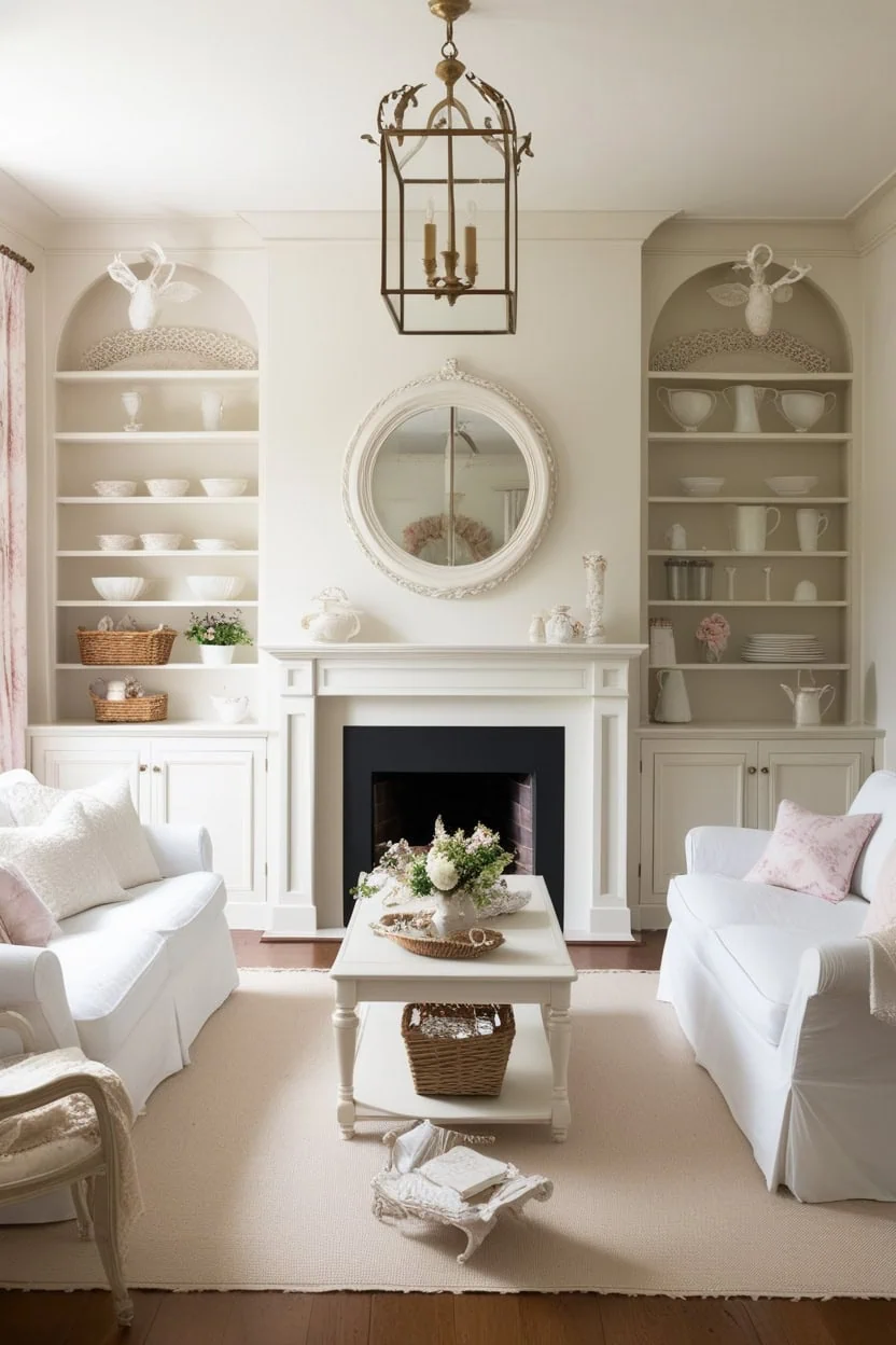 Fireplace blended into surrounding wall with built-in shelves in a small modern living room layout.