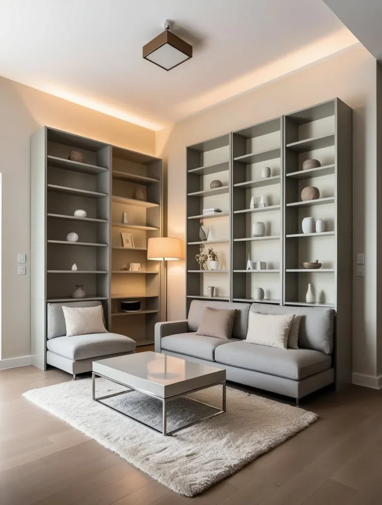 Minimalist small living room with tall shelves and vertical storage