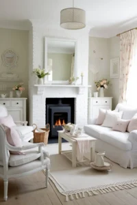 Small living room with white brick fireplace, light walls, and soft furnishings to brighten the space.