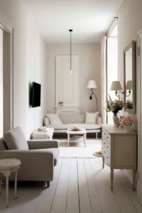 Small-scale furniture chosen to suit a compact living room layout