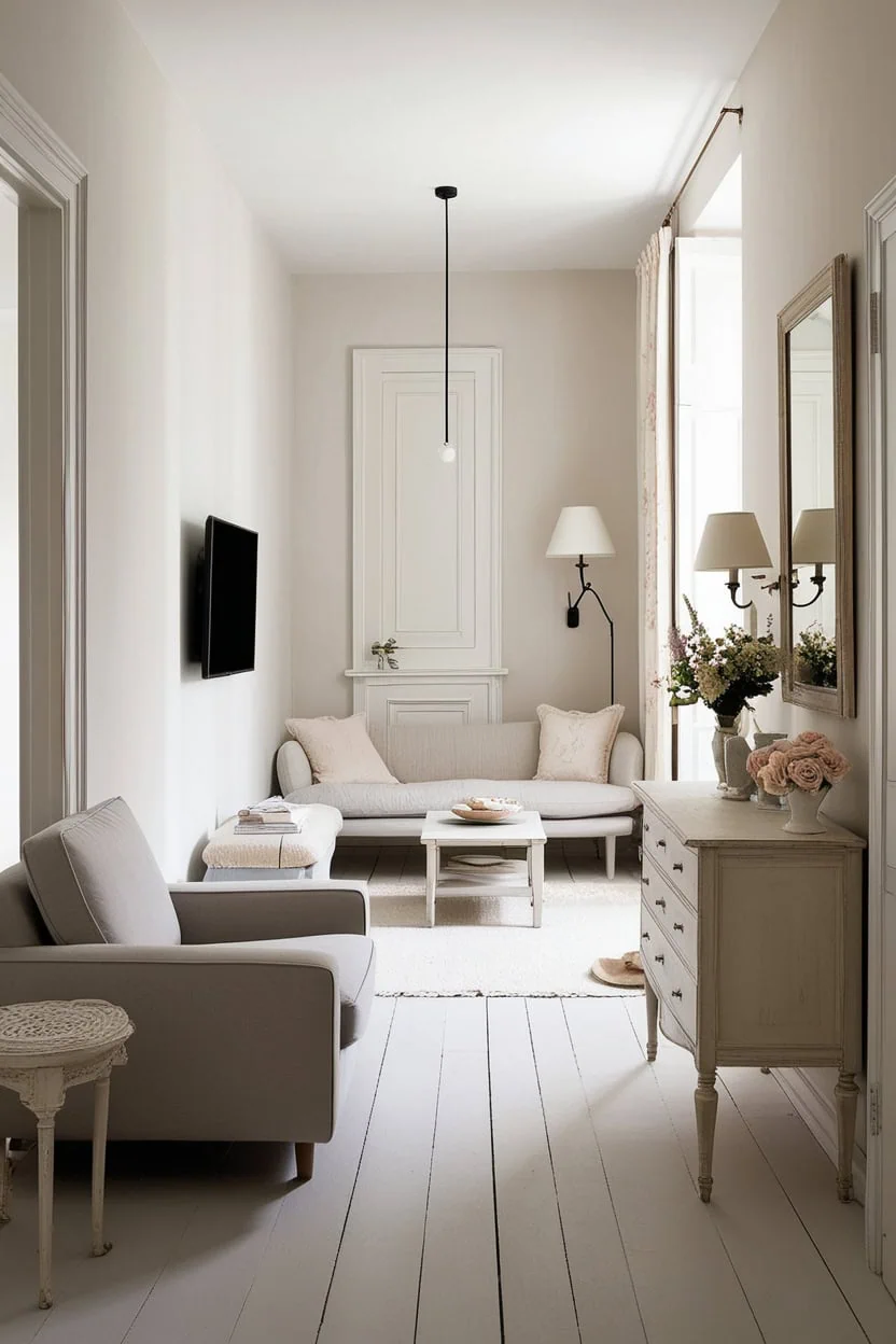 Small-scale furniture chosen to suit a compact living room layout