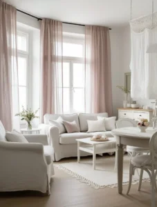 Small minimalist living room with large windows and sheer curtains