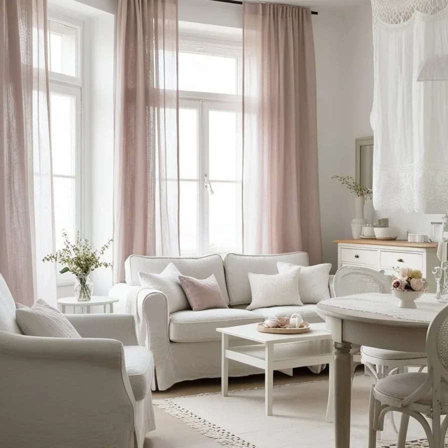 Small minimalist living room with large windows and sheer curtains