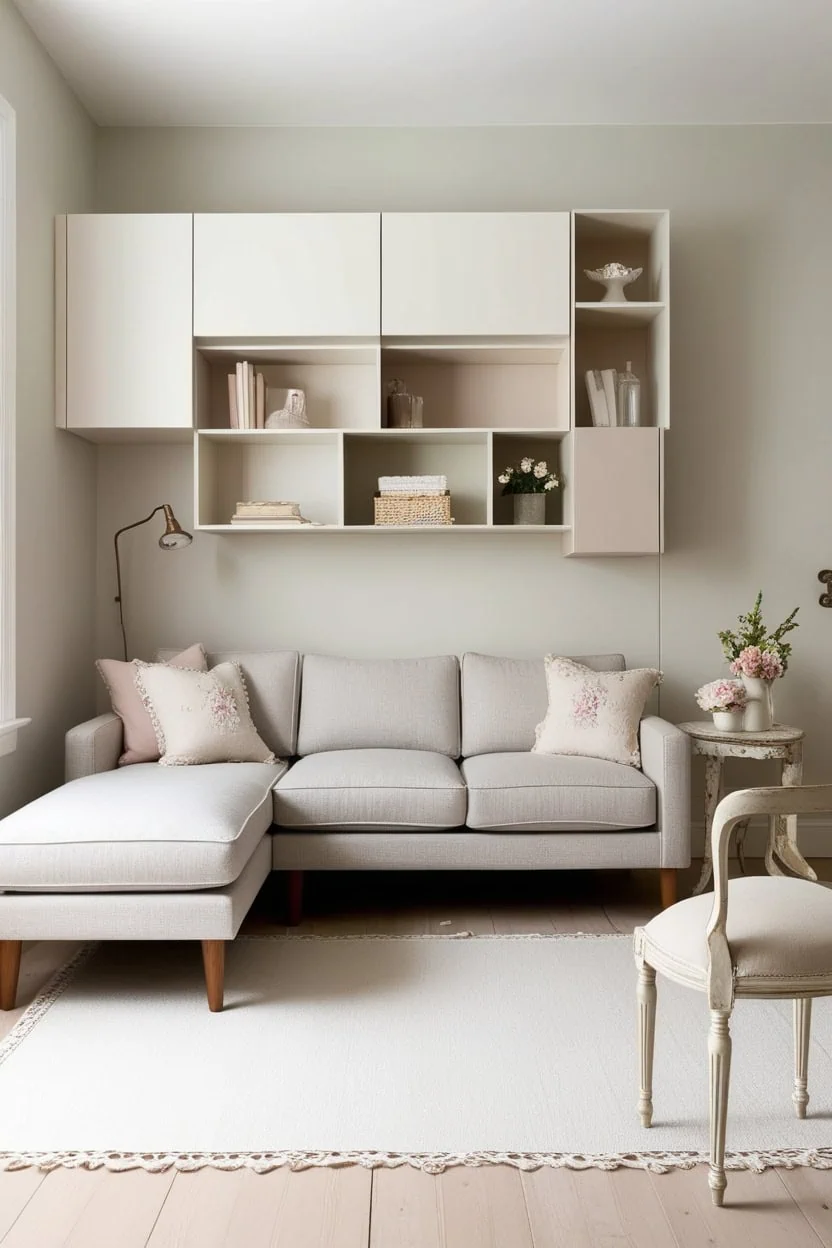 Built-in shelves and baskets keeping a small living room organized