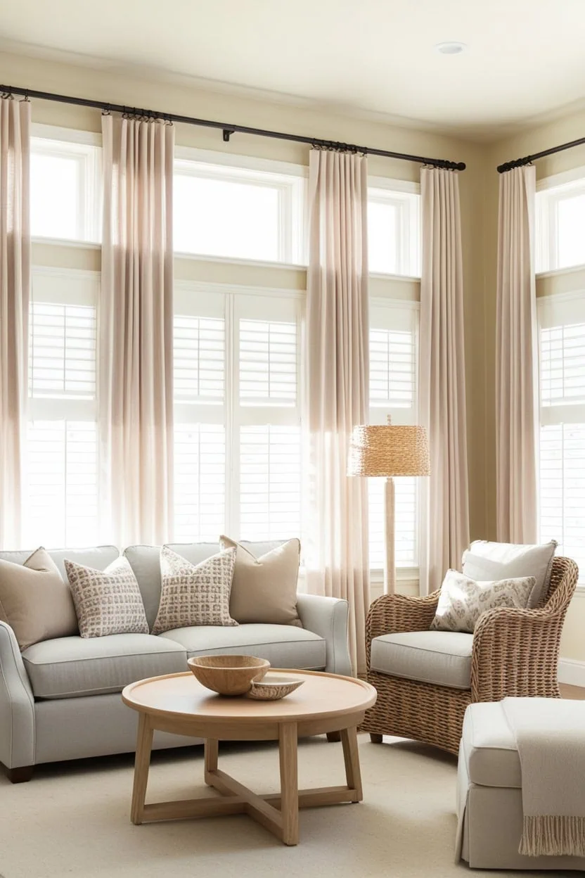 Simple roller shades in a small living room to save space and enhance light