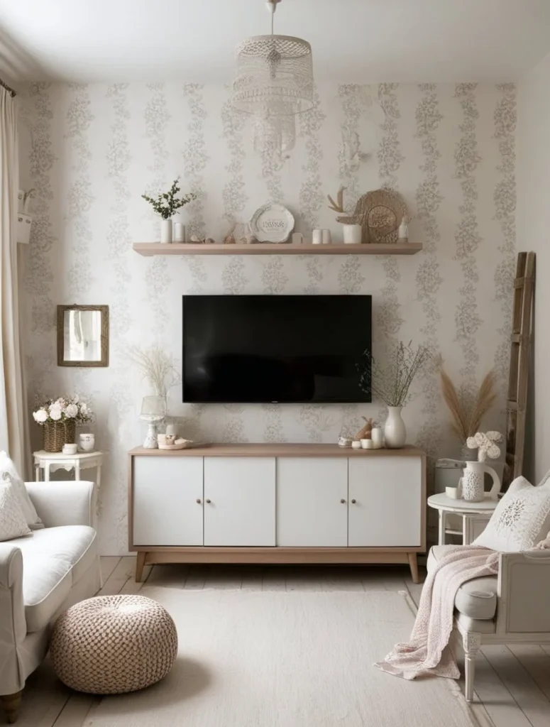 Styled TV wall with shelves and decor in a small living room