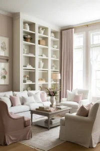 Vertical artwork and shelving in a small living room making space appear taller