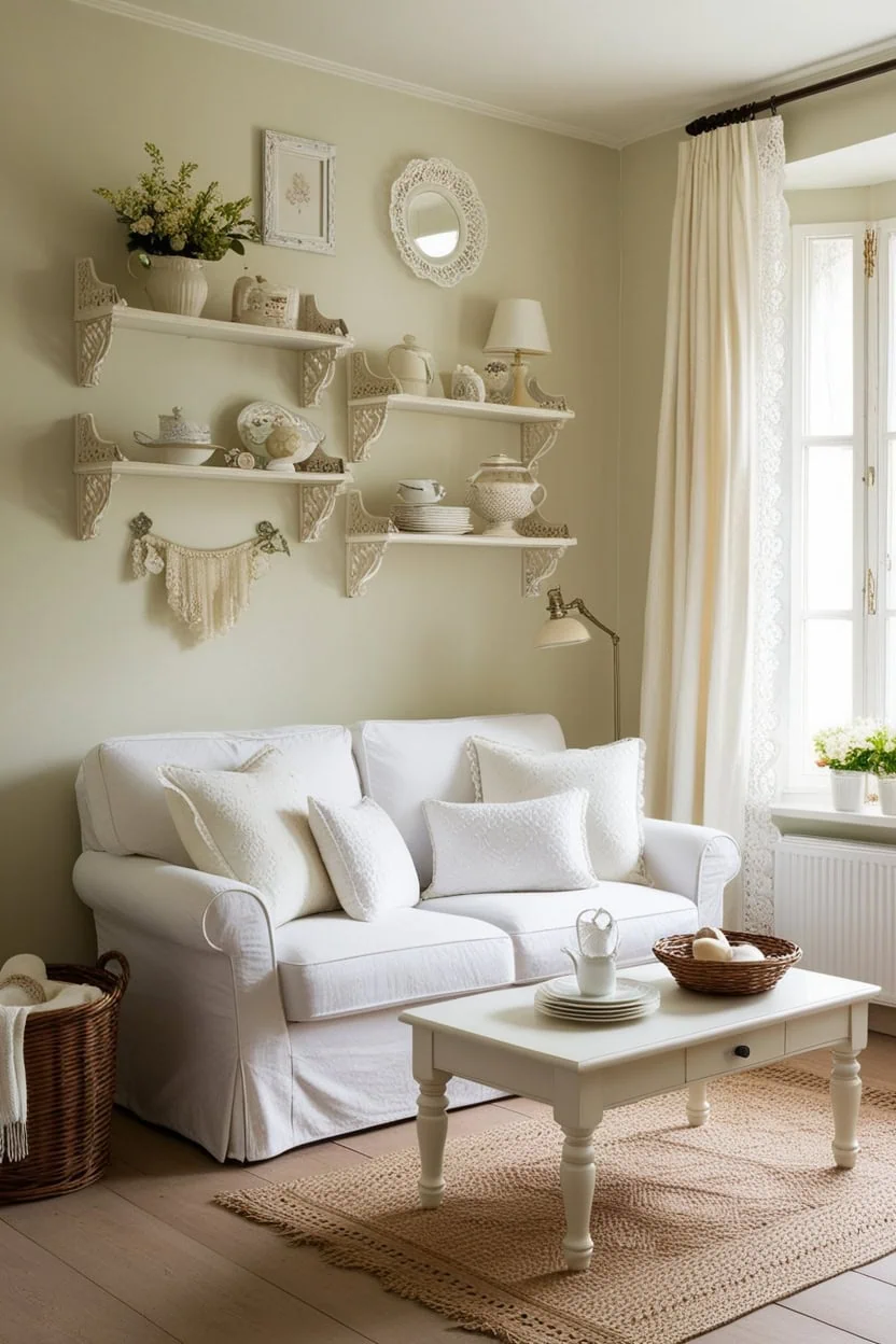 Wall-mounted shelves and cabinets in a small living room saving floor space