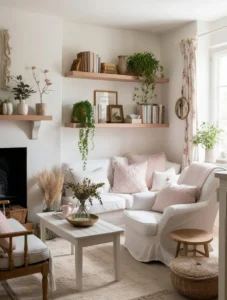 Floating wall shelves styled for a small living room