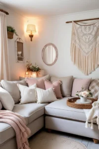 Sectional sofa layout defining zones in a small open-plan living area