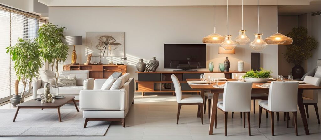 Pass-through small living room ideas with dining table placed between kitchen and seating area