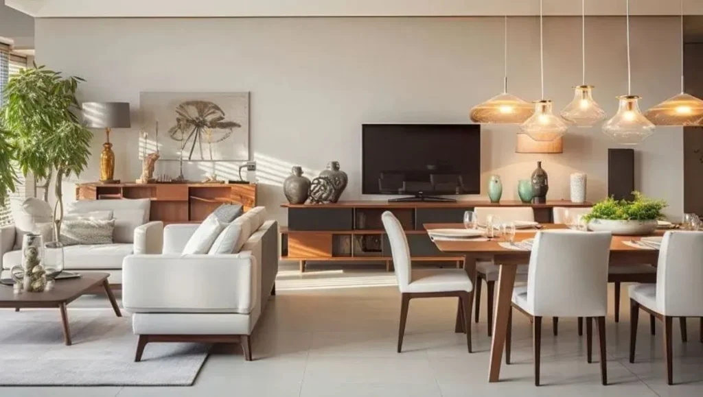 Pass-through small living room ideas with dining table placed