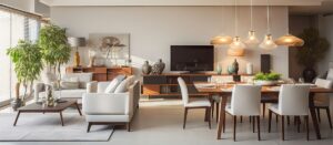 Pass-through small living room ideas with dining table placed between kitchen and seating area