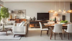 Pass-through small living room ideas with dining table placed