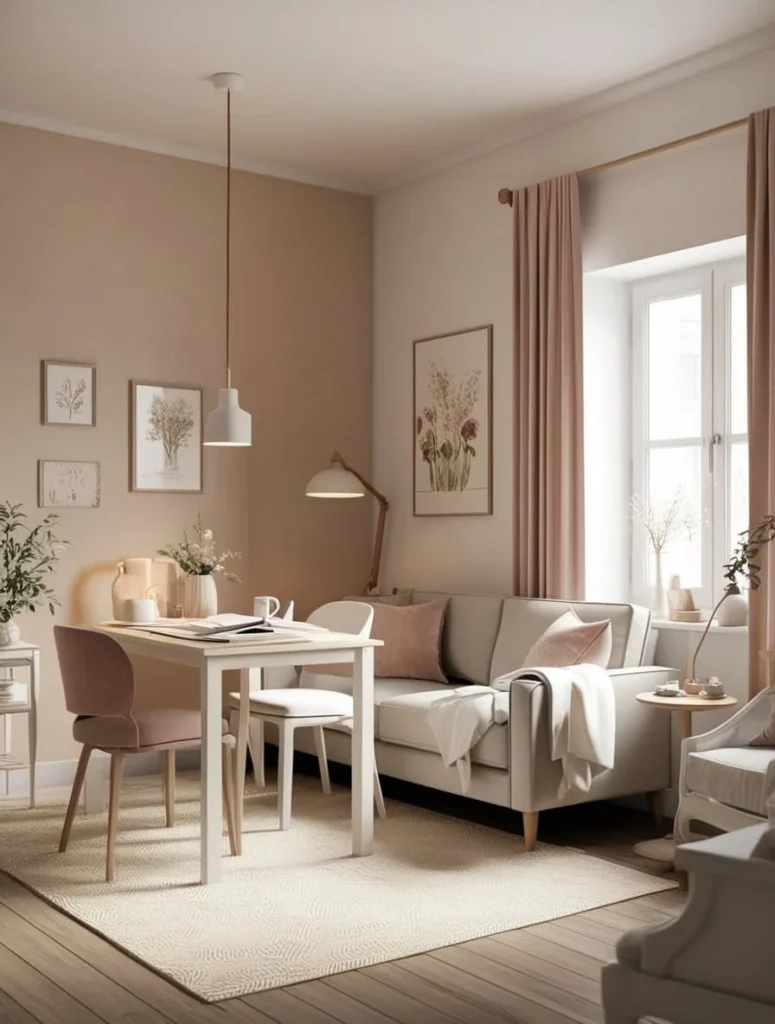 Small space ideas with dining table using accent colors to define dining zone