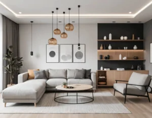 Statement lighting fixture in a small apartment living room