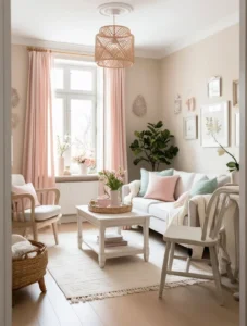 Balanced and open small living room layout with spring decor