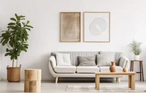 Smart narrow living room layout with floating sofa and light neutral palette.
