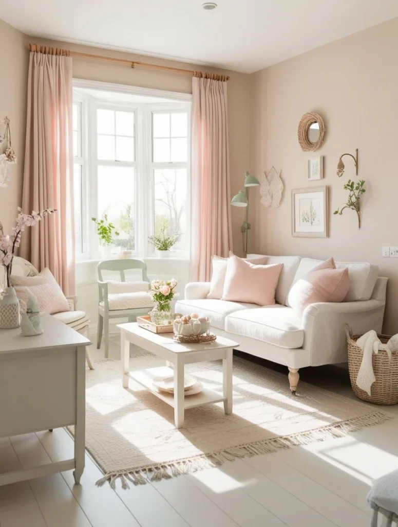 Light-colored rug brightening a small living room for spring